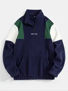 Color Block Fleece Pullover with Embroidered Letters, Men's Half Zip Warm Sweatshirt for Casual & Outdoor Sports, Stylish Streetwear for Daily Wear