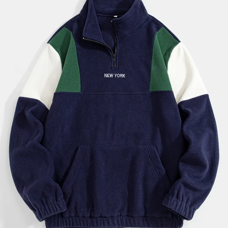 Color Block Fleece Pullover with Embroidered Letters, Men's Half Zip Design Warm Sweatshirt for Casual & Outdoor Sports, Stylish Streetwear for Daily Wear