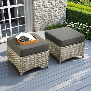 【Summer Vibes】OVIOS 2-Piece Outdoor Patio Ottoman Set, Wicker Footrest with Cushions, All-Weather Outdoor Seating for Backyard Patio Porch Deck Garden Balcony Patio Furniture Set Lounge