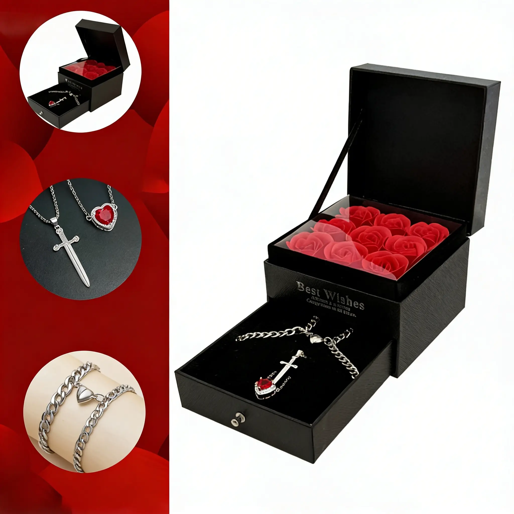 Couple Love Bracelets & Heart and Sword Necklaces, 6-Set Eternal Rose Gift Box Preserved Forever Couple Jewelry Pendant Necklaces & Cuban Heart Bracelets for Wife Girl Friend Women in Birthday Anniversary Valentine's Day