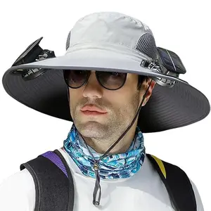 binray Accustomas Solar Hat,Wide Brim Hat with 2 Fans Solar Power,Outdoor Fishing UPF 50+ Bucket Beach Hat,Removable