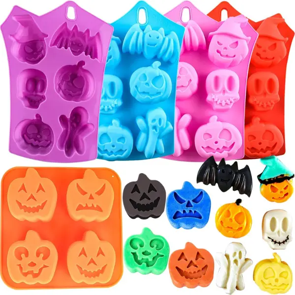 5PCS Halloween Silicone Mold Set, Pumpkin, Ghost, Bat & Witch Hat Chocolate Candy Molds, Halloween Fondant Cookie Mold for Cake Decorating, Gummy, Jello, Ice Cubes, Soap, Crayons & Baking Supplies