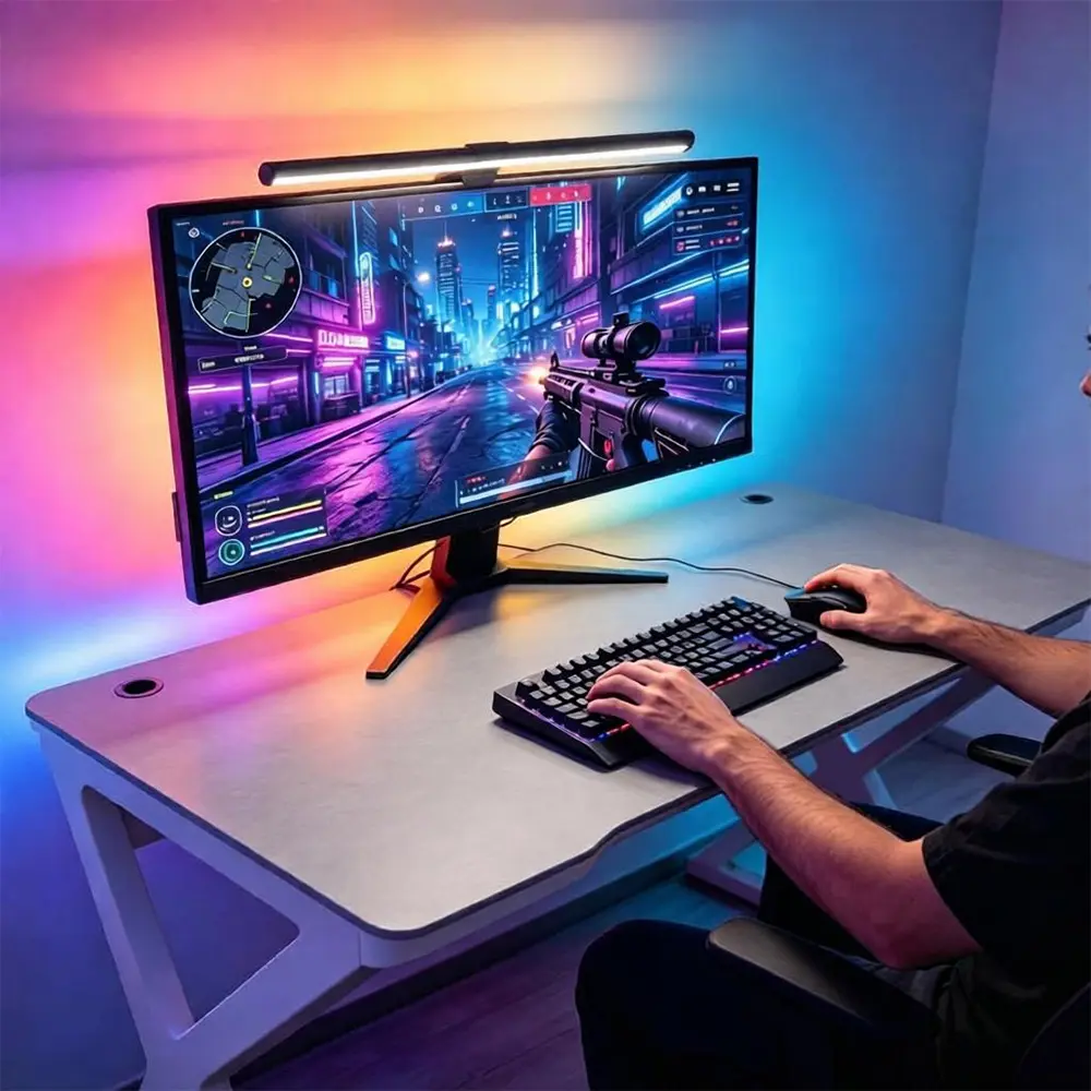 LED Monitor Light Bar - Adjustable Laptop Light, USB-Powered Lamp, USB-C Eye-Care Desk Lamp, Ultrawide No-Glare Dual-Sided Backlit RGB Lighting, Motion Sensor, Adjustable Brightness, Home Office Monitor Accessory, Led Desk Light