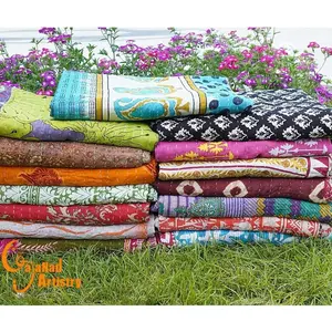 4 Piece Handmade Indian Vintage Kantha Quilts Reversible Bohemian Home Decor Blanket Bed Sheet Bedspread Assorted Color Twin Size 85X55 Inches Multi