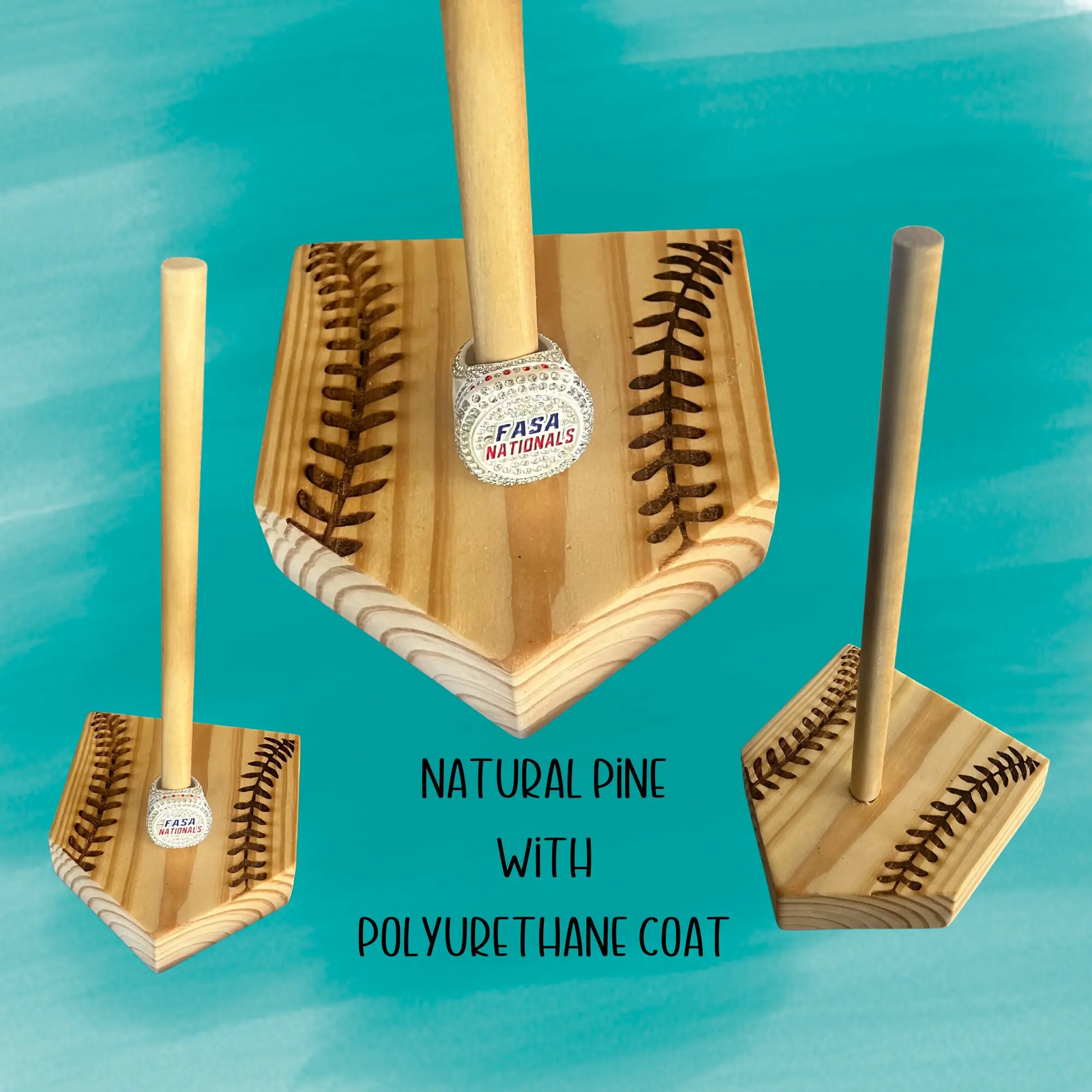 Natural Pine Wooden Softball - Baseball Award Ring Holder Display. Display Championship or Finalist Rings-Engraved with laces