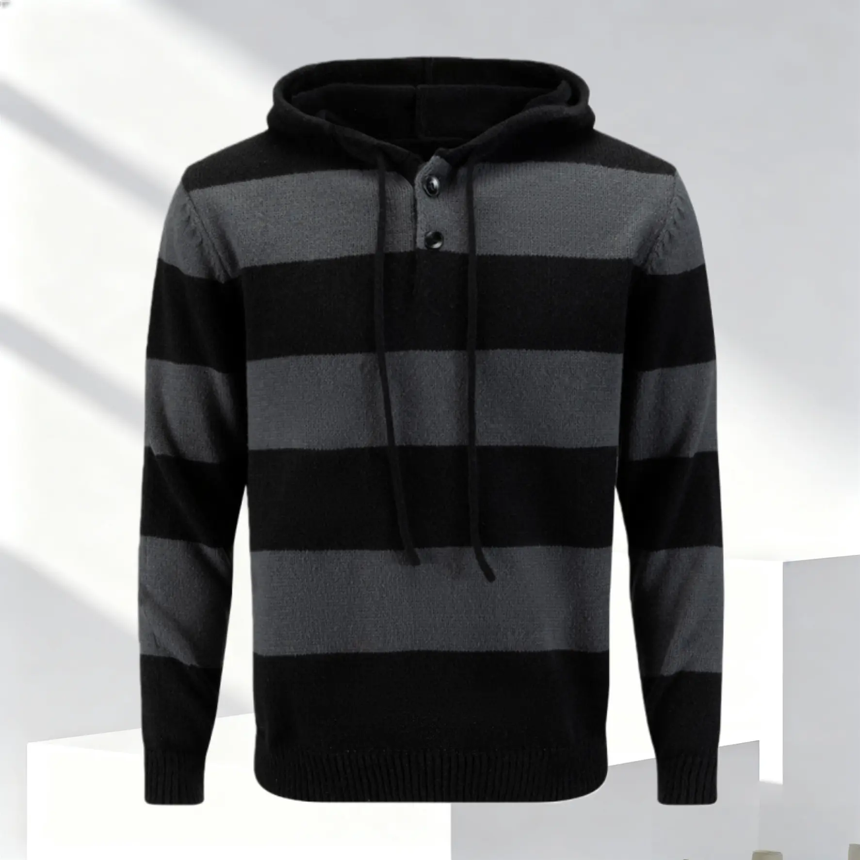 Men's Striped Polyester Knit Hoodie/Jumper - Stylish Casual Streetwear, Long Sleeve Half-Zip Fitted Pullover with Buttons, Black and Gray Stripes Menswear
