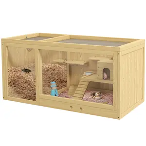 PawHut Wooden Hamster Cage, Extra Large Gerbil Cage, Multi-Layer Small Animal Cage for Dwarf Hamster, Activity Center with Pull-out Tray, Seesaws, Water Bottle, Ladder, Openable Top