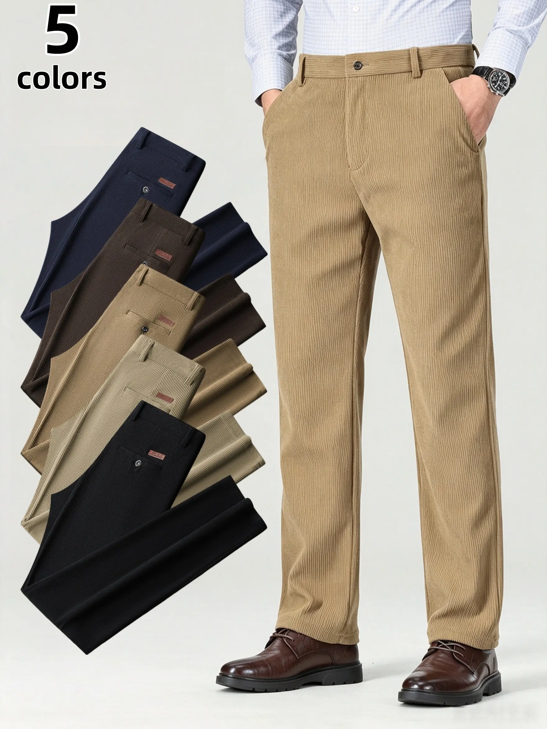Men's Plain Corduroy Straight Leg Dress Pants - High Waist, Button Closure, Soft Polyester, Wrinkle Free Menswear for Daily Office, Fall Winter Wear