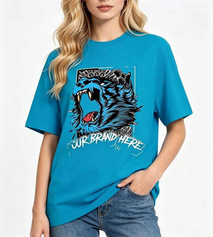 Women's Pure Cotton Comfortable Crew Neck Fitted Tee - Blue, Graffiti Roaring Animal Print, Beach & Streetwear Urban Hip Hop Style Short Sleeve Tshirt