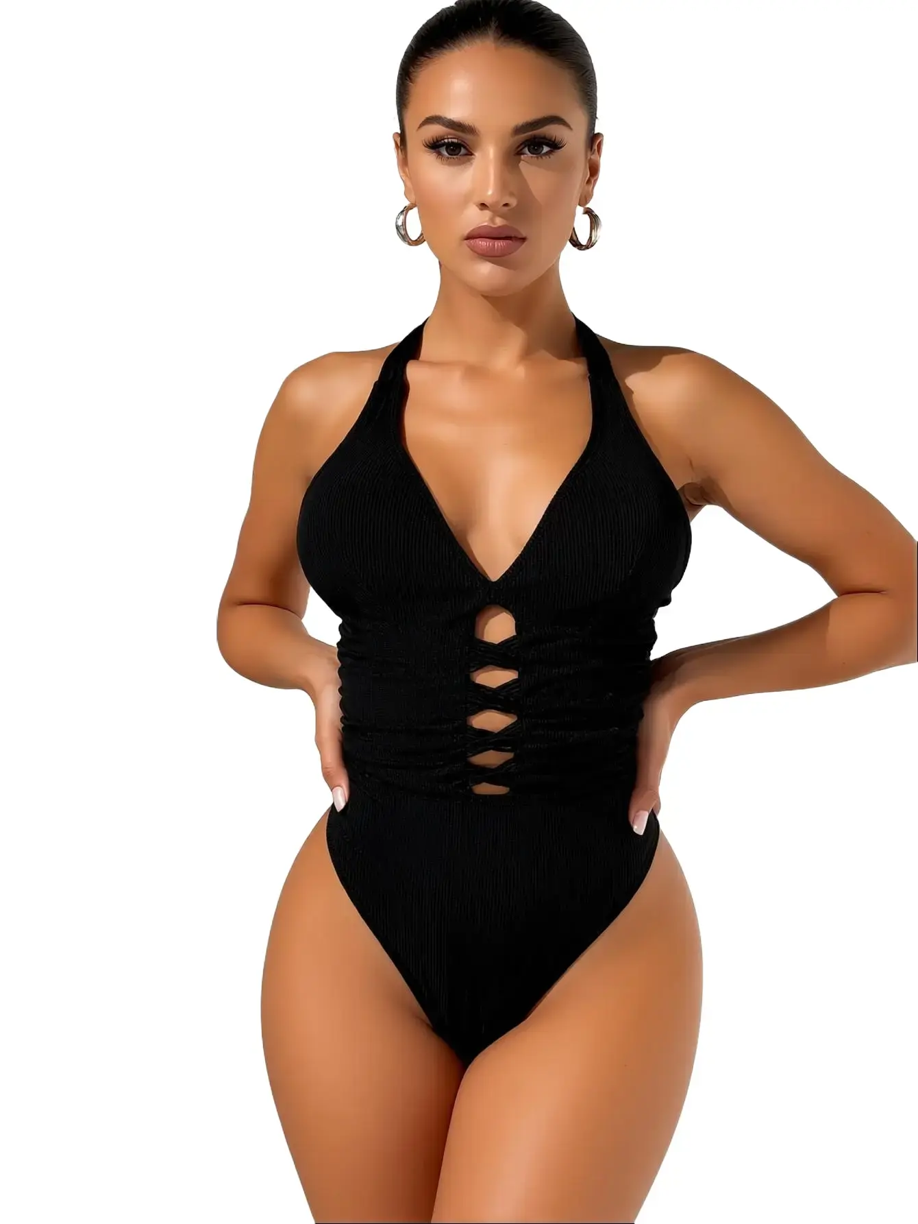 Women's Solid Black Ribbed Halter One Piece Swimsuit, Deep V Neck Front Crisscross Cutout Ruched High Cut Cheeky Tummy Control Bathing Suit for Beach Pool Vacation