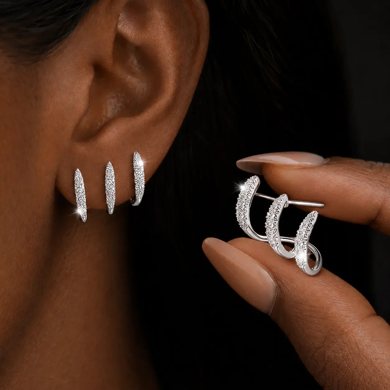 Triple Curve Ear Cuff Stud Earrings for Women, White Gold Plated Copper CZ Ear Climber Earrings, Hypoallergenic Lightweight Dainty Ear Wrap Earrings, Elegant Sparkling Jewelry Gift for Women Girls