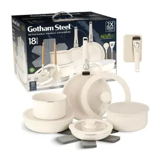 Gotham Steel Nonstick Pots and Pans 18 Piece Ceramic Induction Cookware Kitchen Set Detachable Handles Frying Skillet Cream
