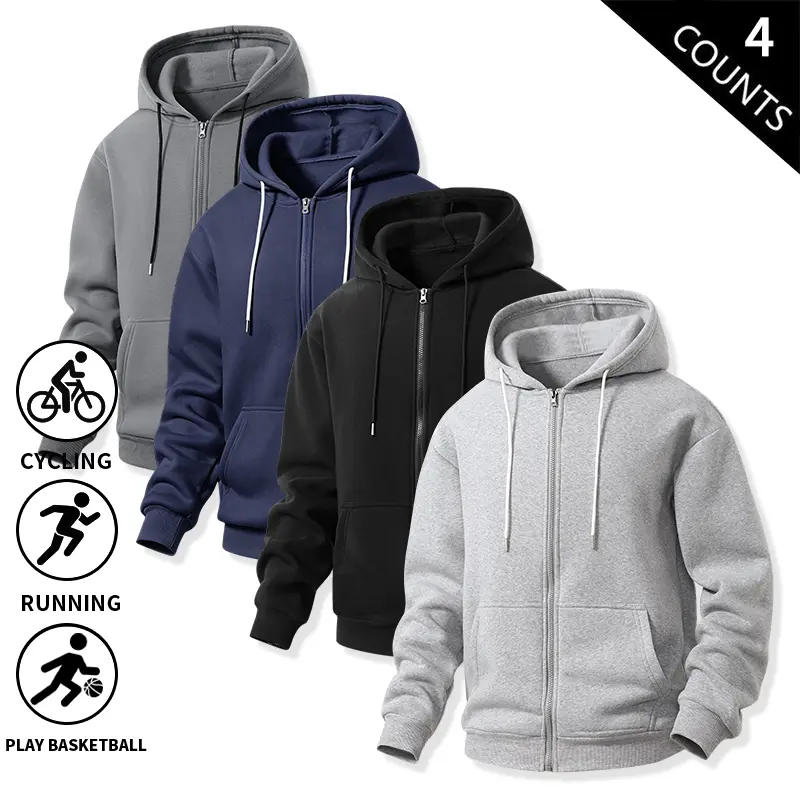 Men’s 4-Pack Zip-Up Hoodies – Casual Long-Sleeve Hooded Sweatshirts, Lightweight Athletic Track Jackets for Running, Basketball, Cycling, with pockets and drawstring, loose fit, basic everyday workout outerwear for men