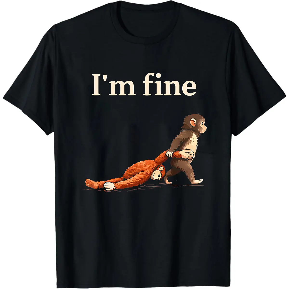 Men's 'I'm Fine' Sad Monkey Graphic T-Shirt - Casual Short Sleeve Top in Heavyweight 100% Cotton with Smooth Seamless Fabric