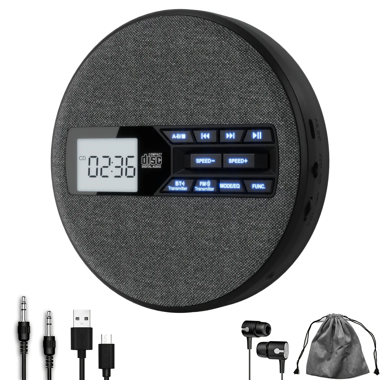 Portable CD player with Bluetooth transmitter and dual stereo speakers, rechargeable CD/MP3 player with anti-skip protection, FM transmitter, LCD display, AUX/USB support, 10 playback speeds and EQ modes for home and car,gift for Father's Day