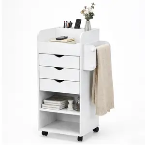 1PC White Rolling Storage Cart with Drawers, 3-Drawer Mobile Side Table, Narrow Rolling Cart with Open Shelves & Towel Rack, Metal Utility Cart, MDF Storage Drawer Carts for Living Room, Bedroom