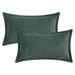 REGALWOVEN Striped Corduroy Decorative Throw Pillow Covers 2pcs Soft Cushion Pillow Cases for Couch Bed Sofa Home Decor 12 x 20 Inch Dark Green