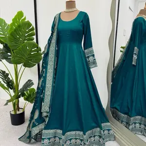Women's Green Anarkalli Indian Suit Wedding Gown Party Wear with Elegant Design and Comfortable Fit - Womenswear
