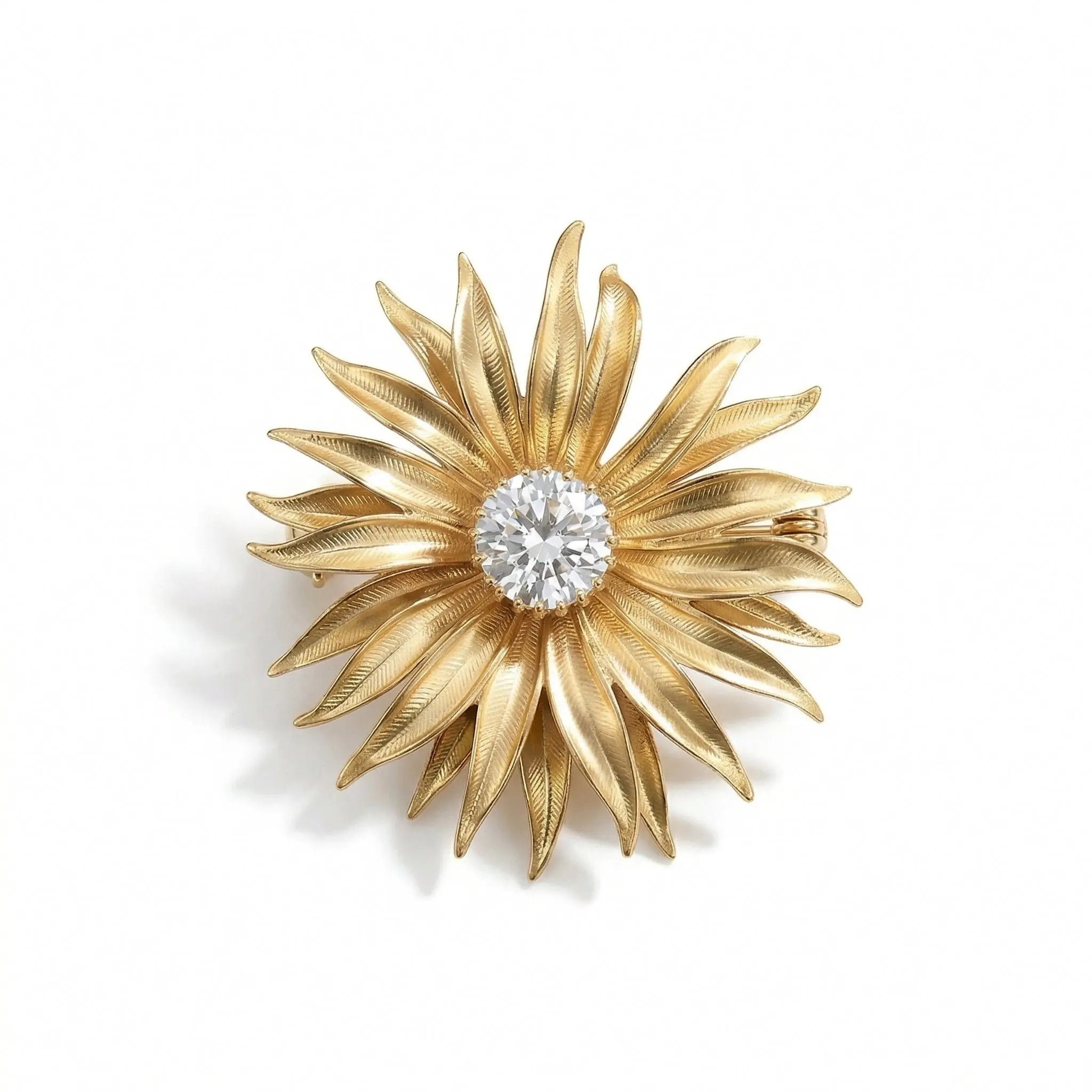 Gold Sunflower Brooch with CZ Center — Statement Lapel Pin & Pendant Necklace for Women