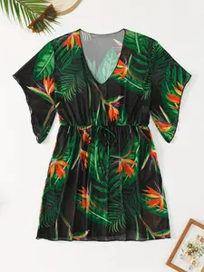 Women's Tropical Bird of Paradise Print Sheer Mesh Beach Cover Up - Drawstring Waist, V-Neck Kimono Dress, Cover Ups Swimsuits