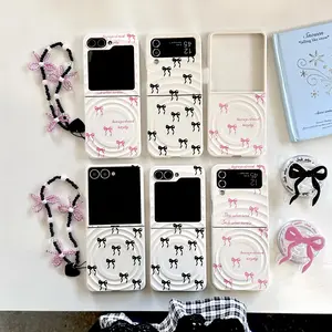 Back Cover For Samsung Galaxy Z Flip 7 6 5 4 3 Case Big Bowknot Magnetic Attraction Bracket Bracelet Chain Phone Case