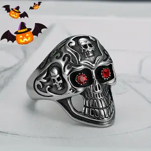 Men's Gothic Skull Statement Ring - European-American Dark Style, Exquisite Red Zircon Death Motif Skeleton Ring, Daily Wear Jewelry, Boyfriend Birthday Gift, Skull Rings, Gothic Skull Rings