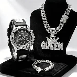 4pcs/set Men's Luxury Watch, Necklace, Bracelet Set, Rhinestone Watch Cuban Chain Necklace QUEEN Pendant and Bracelet. Stylish Men's Accessory, Exquisite Set Ideal Gift for Unisex Male Man
