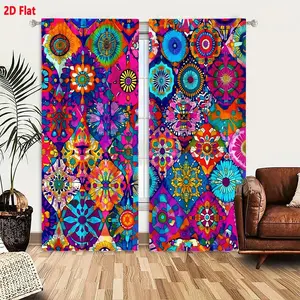 2D Flat  Boho Mandala Floral Home Decoration Curtain 2-Pack, Vibrant Pink Blue Orange Psychedelic Pattern Window Drapes with Kaleidoscopic Colorful Design, Bohemian Indian Textile Inspired Heavy Duty Curtains for Living Room Bedroom, 55x84 Inch