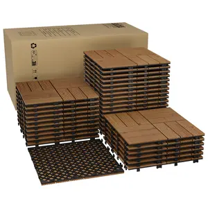 12"x12" Acacia Wood Interlocking Deck Tiles, Waterproof Outdoor Flooring with Snap-Together Design for Balcony, Porch, Poolside or Bathroom