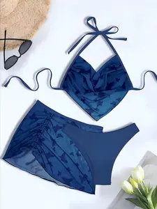 Women's Butterfly Print Mesh Halter Bikini Set, Three-Piece Swimsuit with Drawstring Skirt, Triangle Bottoms, Tunnel Design, Ruched Swim Bottom