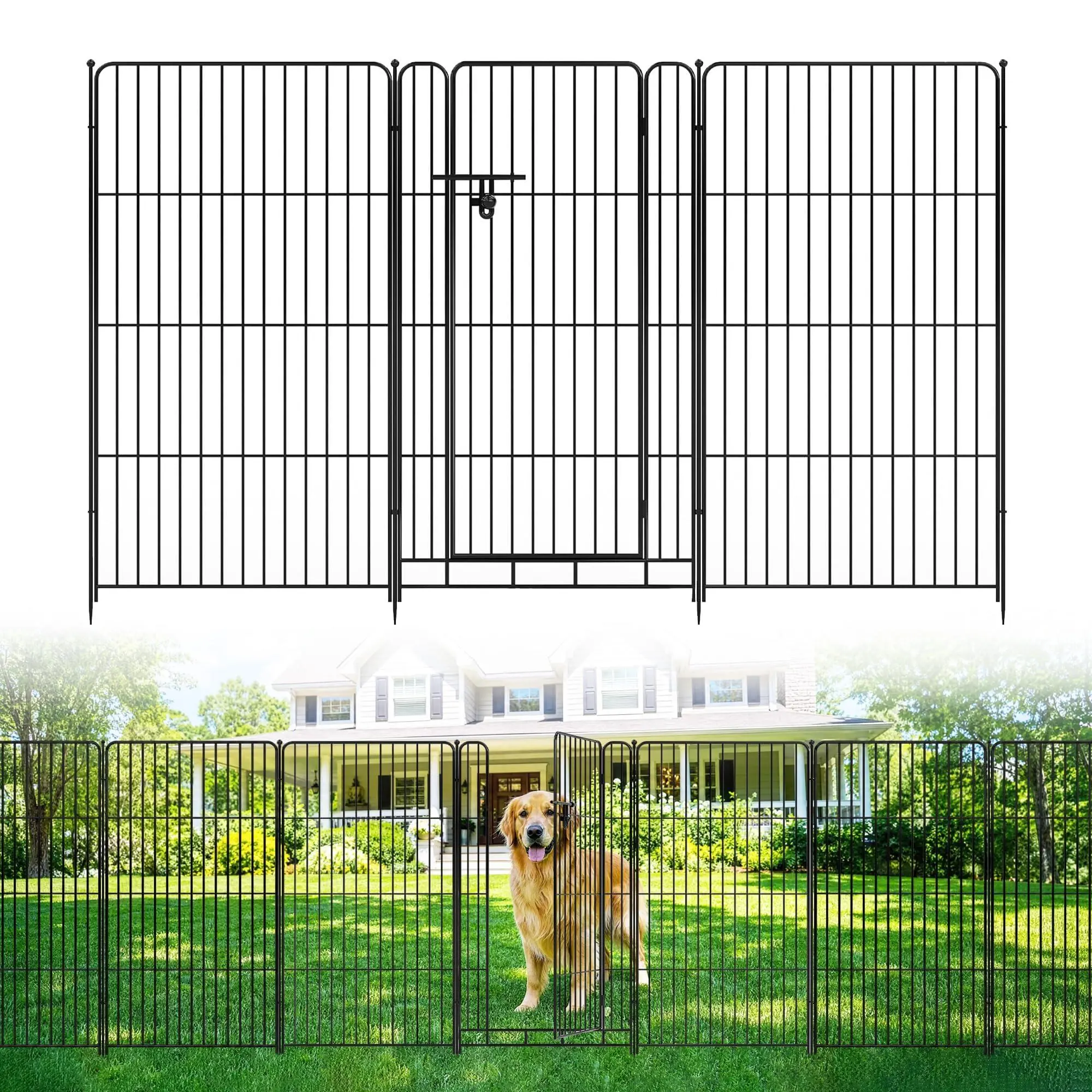 GAOMON Garden Fence, 48in(H) x 17.7ft(L) 8 Pack Garden Fencing Animal Barrier, Metal No Dig Fence, Dog Fence Outdoor for Yard, Dog Playpen Outdoor Decorative Garden Fences for Yard Patio, Black,With door
