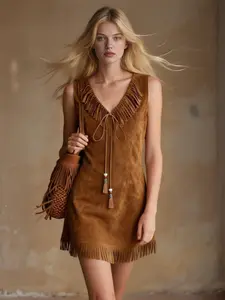 Women's Western Cowboy Bohemian Style Suede Fringe V-Neck Sleeveless Dress, Slimming Short Design, Elegant Floral Pattern, All Seasons Wear