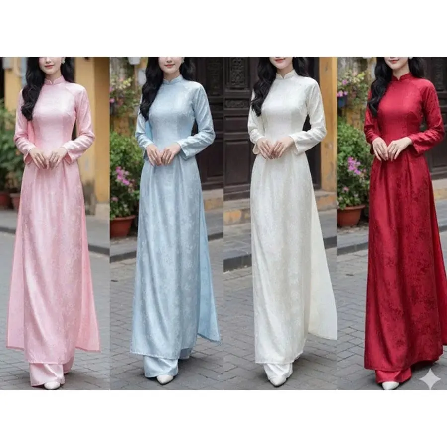 Traditional Vietnamese Brocade Ao Dai – Elegant Long Tunic Set with Matching Pants