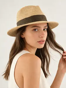 Women's Western Cowboy Straw Hat, Rope Brim Hat, Pure Color Sun Hat, Washable Beach Hat, Multi-Functional UV Protection, Spring Summer Casual Wear