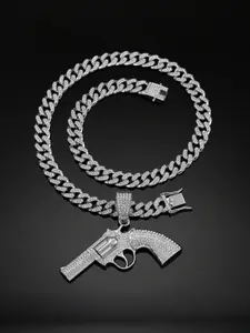 Hiphop Style Full Diamond Revolver Model Pendant Necklace, Alloy Chain Cuban Link, Street Trend Artisan Jewelry, Fashion Statement Piece