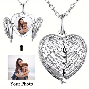 Customized: 1pc Personalized Custom Picture/photo Small Box Pendant Necklace, Angel Wing Small Box Pendant Men's Necklace, Golden Silvery Personalized Engraved Commemorative Photo Pendant, A Gift For Men And Women, Valentine's Day Gift, Christmas Gift.