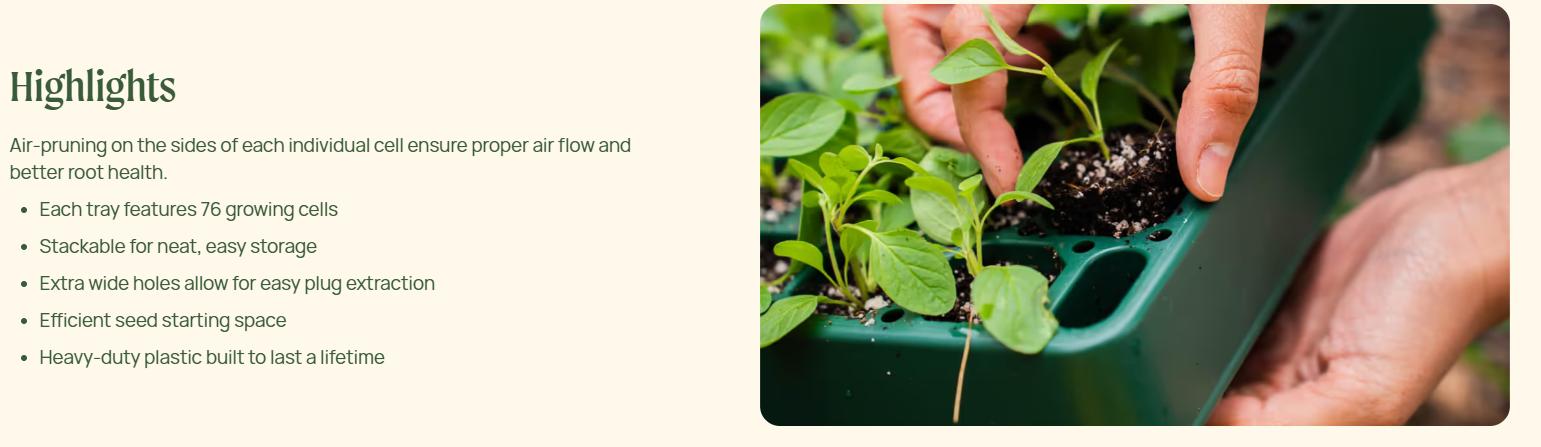 Vego Garden 76-Cell Stackable Seedling Tray 10" x 20" with Air-Pruning Strips & Drip-Watering Channels for Growing Kit