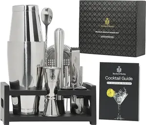 Hawke & Hanley Premium Boston Cocktail Shaker Set Bartender Kit - 12 Piece Mixology Bar Set with Weighted Boston Shaker, Bar Tools and a Black Bamboo Stand | Housewarming Gift Ideas