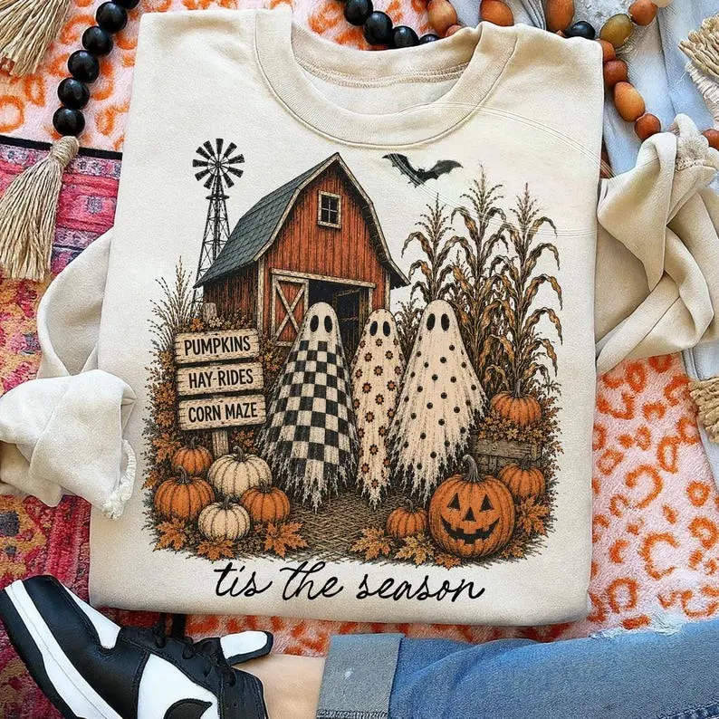Tis The Season Ghost Trio Sweatshirt, Pumpkin Patch Ghosts Shirt, Farmhouse Halloween Shirt, Checkered Floral Polka Dot Ghosts, Fall Sweatshirt
