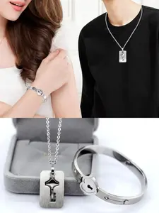 Couple Lock Heart Bracelet Necklace Set, Couple Jewelry Stainless Steel Bracelet Heart Lock Bracelet Necklace, Suitable for both men and women as couple jewelry gift necklace, Valentine's Day romantic gift, exclusive romantic sense of ceremony