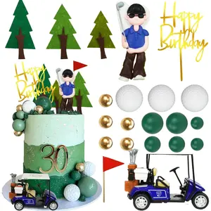Golf cake toppers golf carts clay golf figurine cake decorations with green gold balls red flag trees for golf party sport theme party birthday party supplies 01
