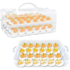 2-Layer Deviled Egg Carrier with Lid,Deviled Egg Trays with Handle,Stack Portable Stackable Trays,Clear Devil Egg Cotainer 48 eggs Holders, for Thanksgiving Day, Easter, Holiday,Parties and Kitchen