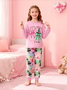 Class Valentine Gift Kids Magic Witch 2 Pattern Print Long Sleeve Pajama Set for Kids, Cute Cartoon Princess Style Sleepwear, Home Wear, Valentine's Day Gift