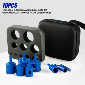LOZLIN 10PCS Diamond Hole Saw Kit 6-50MM Dia Serrated Brazing Tile Marble Stone Core Drill Bits Sets with EVA Hole Saw Guide Jig Hole Opener Kit 5/8-11 Thread Tool Accessories