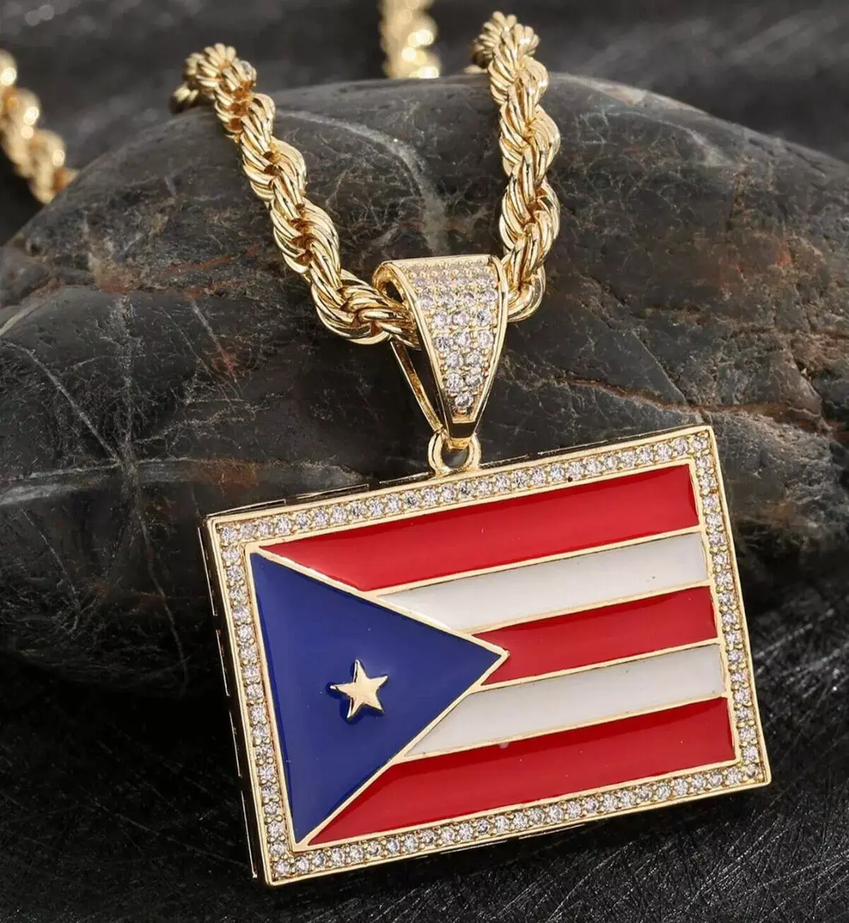 MaxBling81 Unisex Puerto Rico Flag Charm Ice Necklace - 4mm Textured Rope Chain (Chain & Link), 18/20/24in Multi-Size, 30mm Gold/Silver Plated Cubic Zirconia Stones, Daily Wear Iconic Statement Piece, Statement Pieces, 4Mm Rope Chain