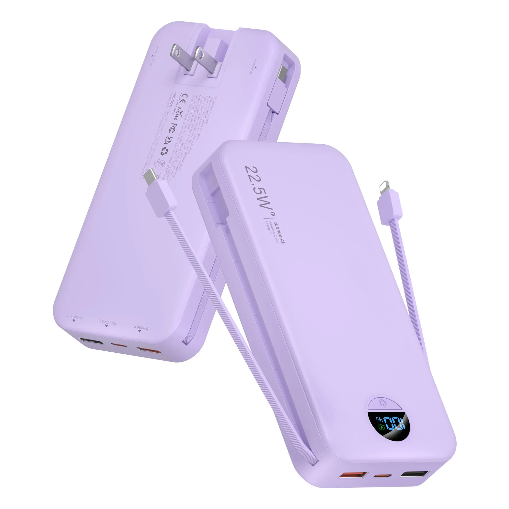 Portable Charger, 20000mAh 22.5W USB C Fast Charging Power Bank with Built-in Cables and AC Wall Plug, Smart LED Display Travel Essentials Battery Pack Compatible with iPhone, iPad, Samsung etc Smartphone Chargeable summerwins