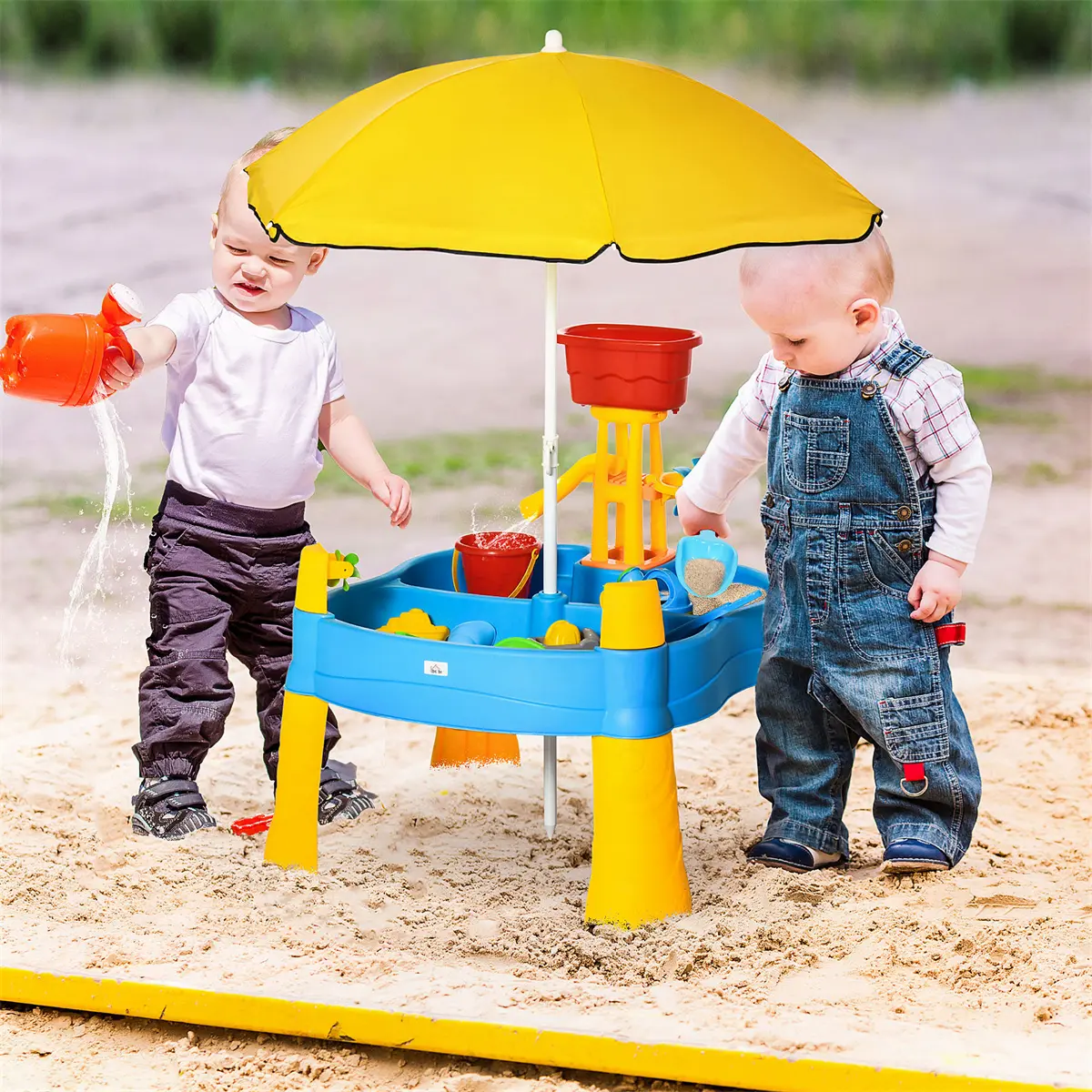 2-in-1 Covered Sandbox Table with Umbrella - Ideal for Outdoor and Indoor Use | 25-Piece Sand and Water Table for Toddlers and Little Kids 18 months & up | Fun Toys for Safe Play