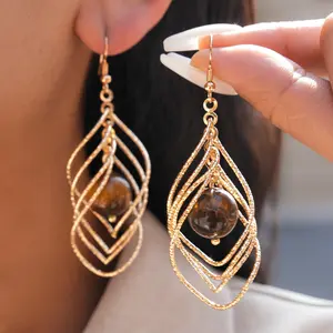 European and American metallic twisted rhombus tiger's eye stone ear hook, personalized retro ethnic style earrings