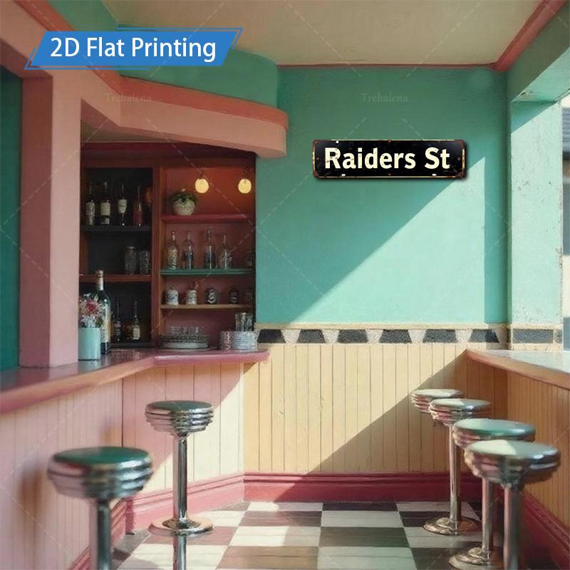 [2D FLAT] 1pc Metal Sign, 4x16inch Retro Raiders Street Sign Metal Wall Art for Outdoor Garden or Home Decor, Vintage Style with 2D Flat Printing Finish Wall Art Aluminum Painting Ideal for Porch Outdoor Garden Bar Home Decor Gifts, New Years Decorations