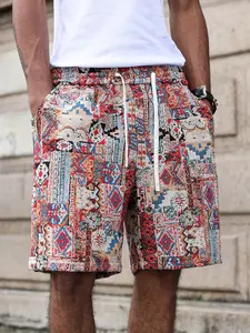 Men's Ethnic Carpet Embroidered Textured Shorts, Vintage Bohemian Woven Drawstring Five-Quarter Pants, Summer Street Casual Wear